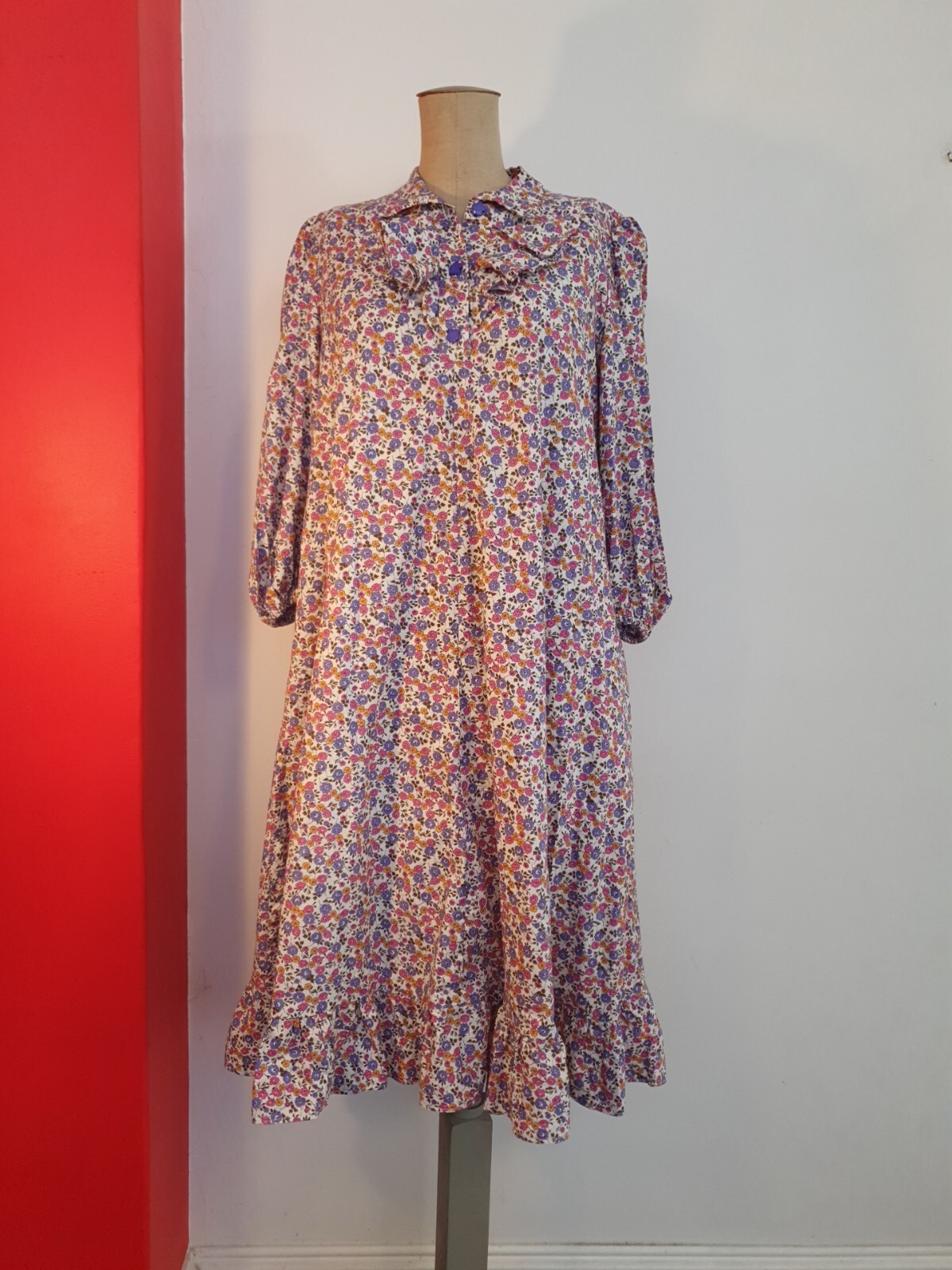 VINTAGE Handmade 70s Cotton Dress M-L Floral A-Line Ruffle AU 12-14