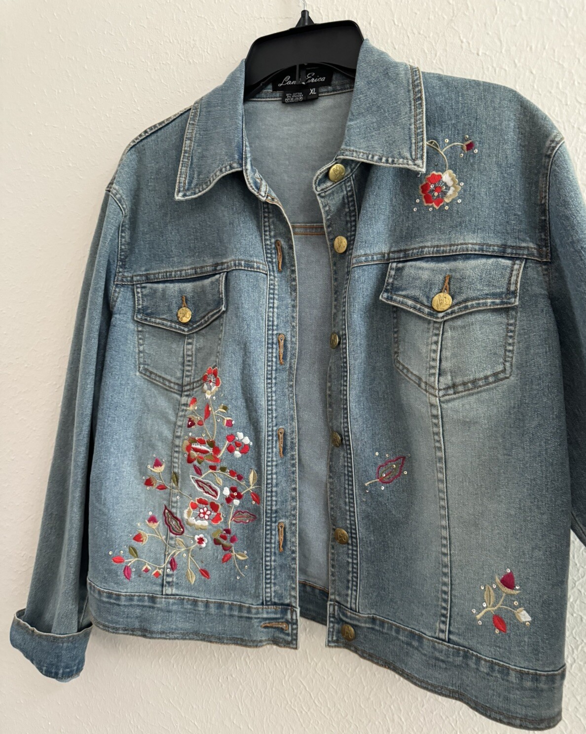 Vintage Lana Erica 3pc set Floral Embroidered jean jacket jeans corset top XL/12