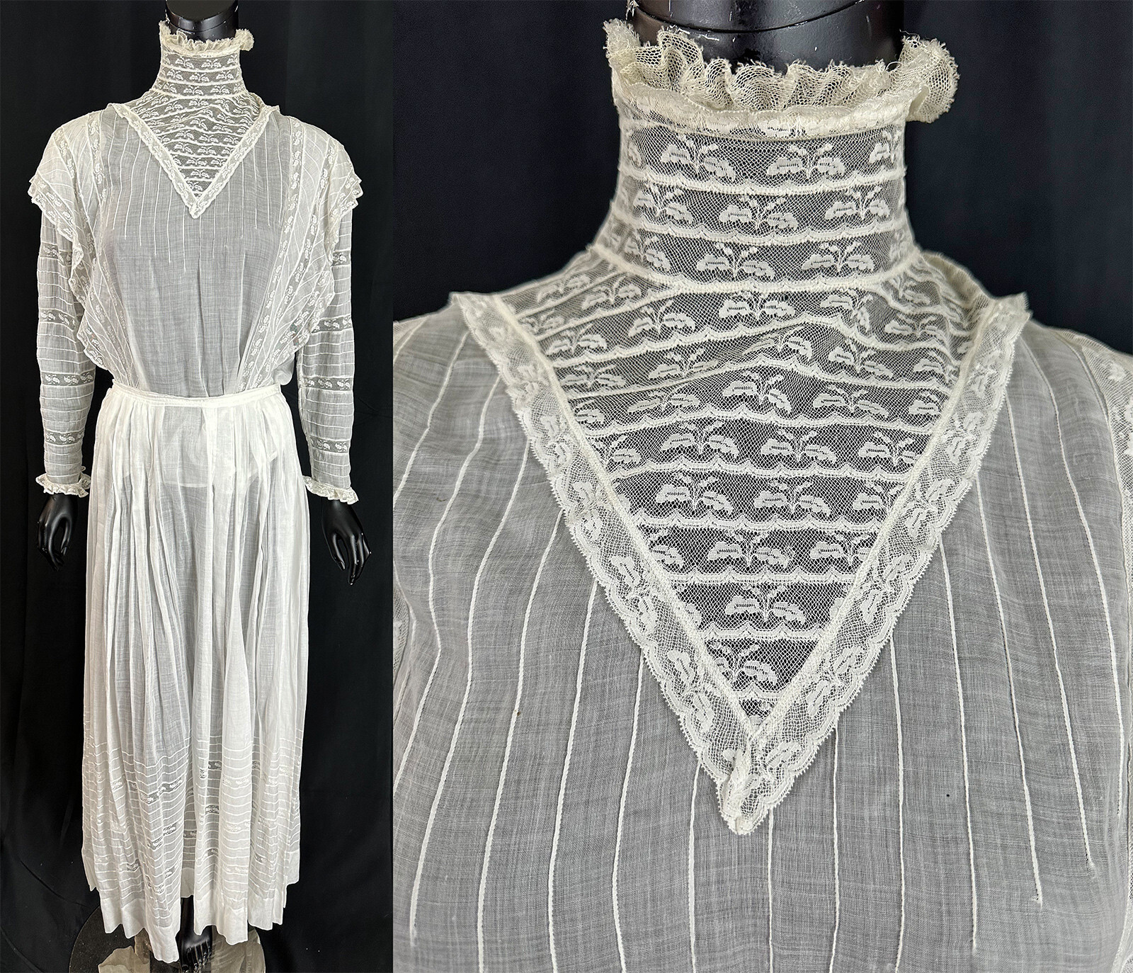 Edwardian White Cotton Butterfly Valenciennes Bobbin Lace Blouse Skirt Dress VTG