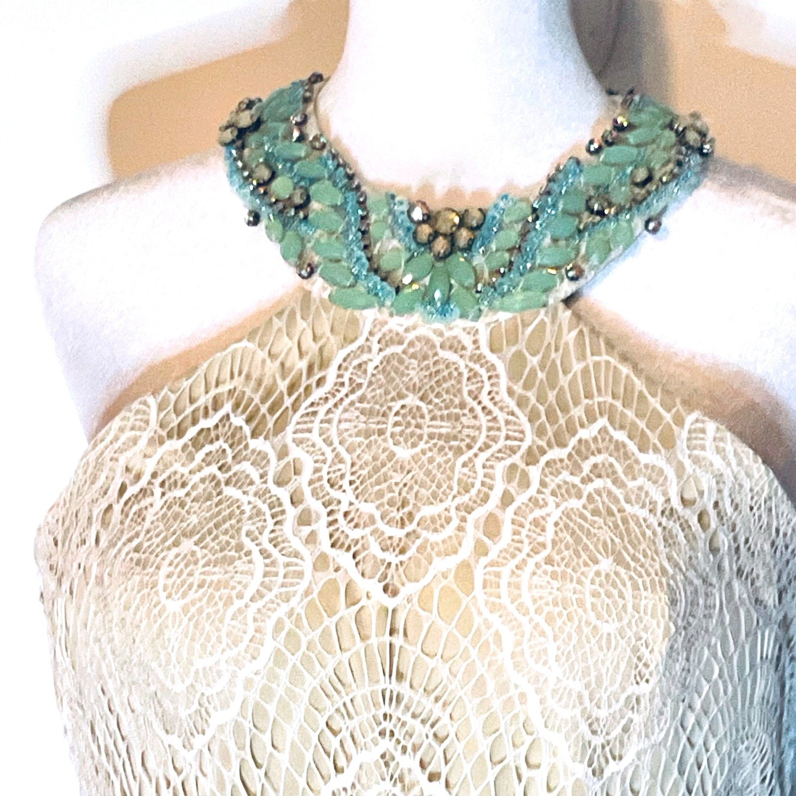 Vtg Nina Canacci 1230 Green Beaded Lace Halter Prom Formal Pageant Gown NWT 10