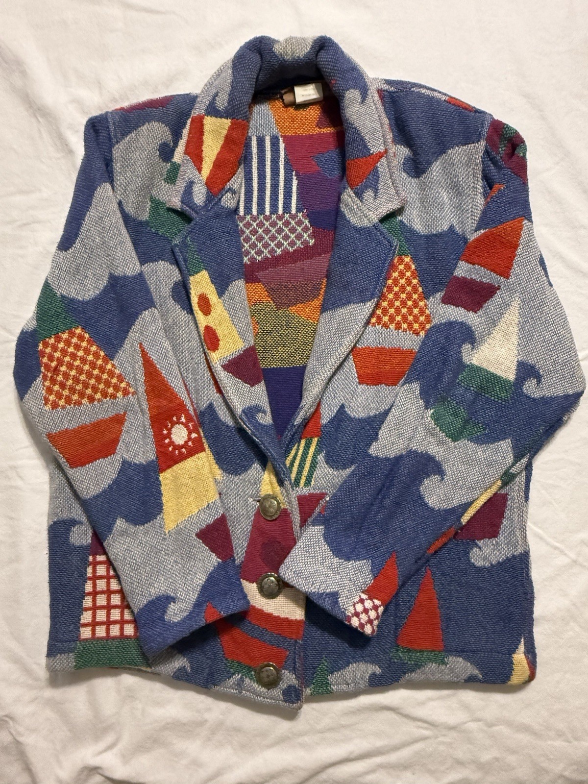 Vintage PAINTED PONY Woven Blanket Coat Jacket Nautical SAIL BOATS Size S/M