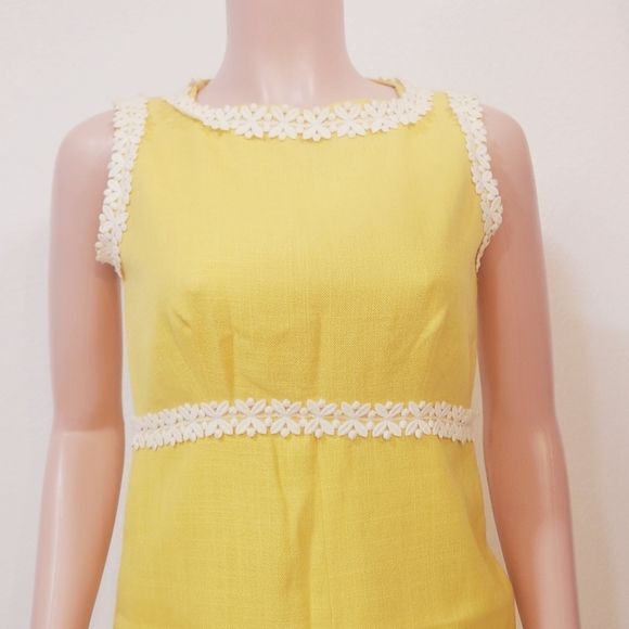 MOLLIE PARNIS BOUTIQUE Vtg 70s Yellow Linen Shift Daisy Dress