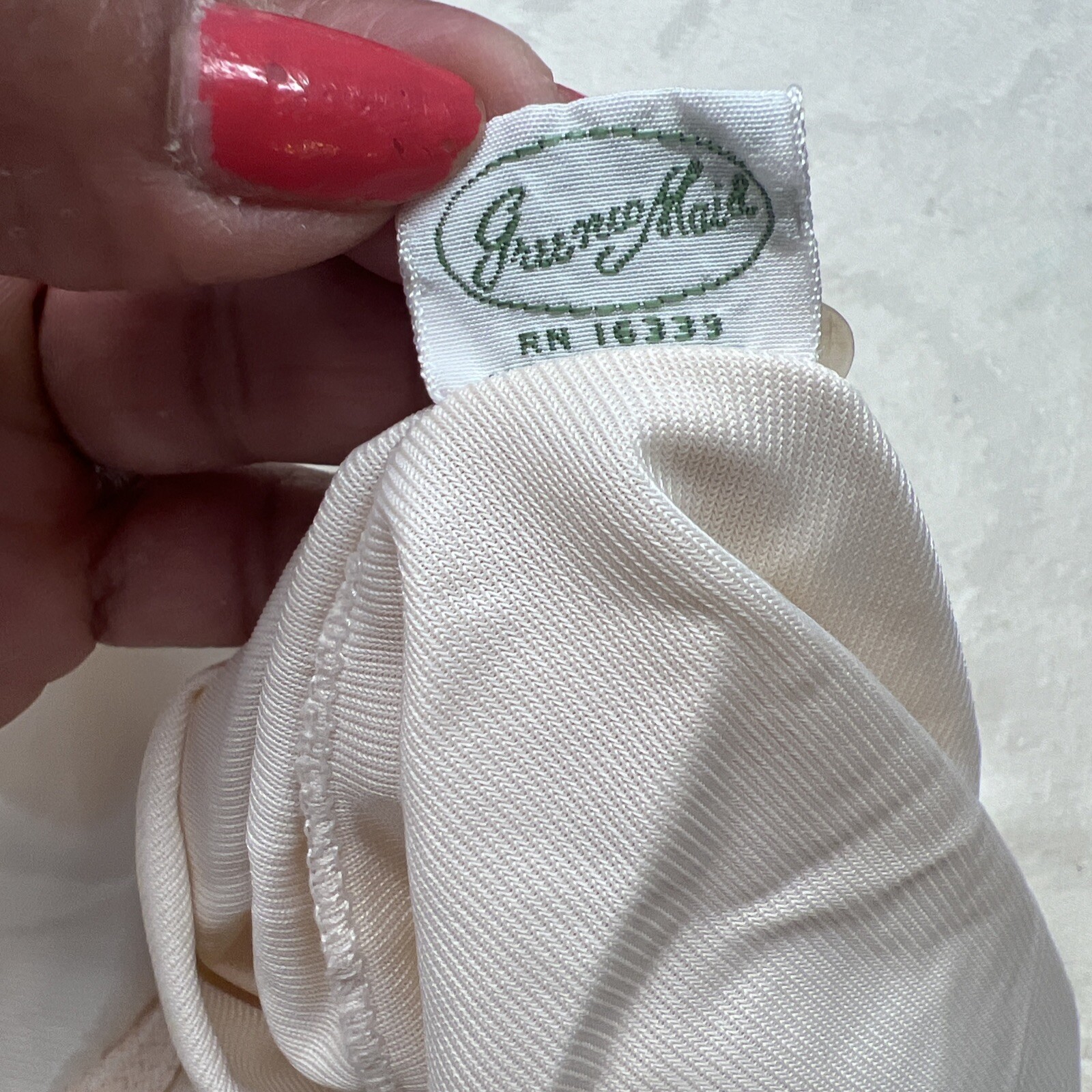 Vintage Greenco Maid Ivory Tan/Nude Slip M 6 Waist Lace Trim 16″ Slit Back.