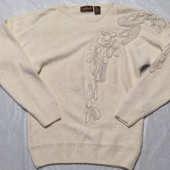 Vintage Cream Silk Angora Pearl Beaded Soft Girl Coquette Crewneck Sweater Sz Md