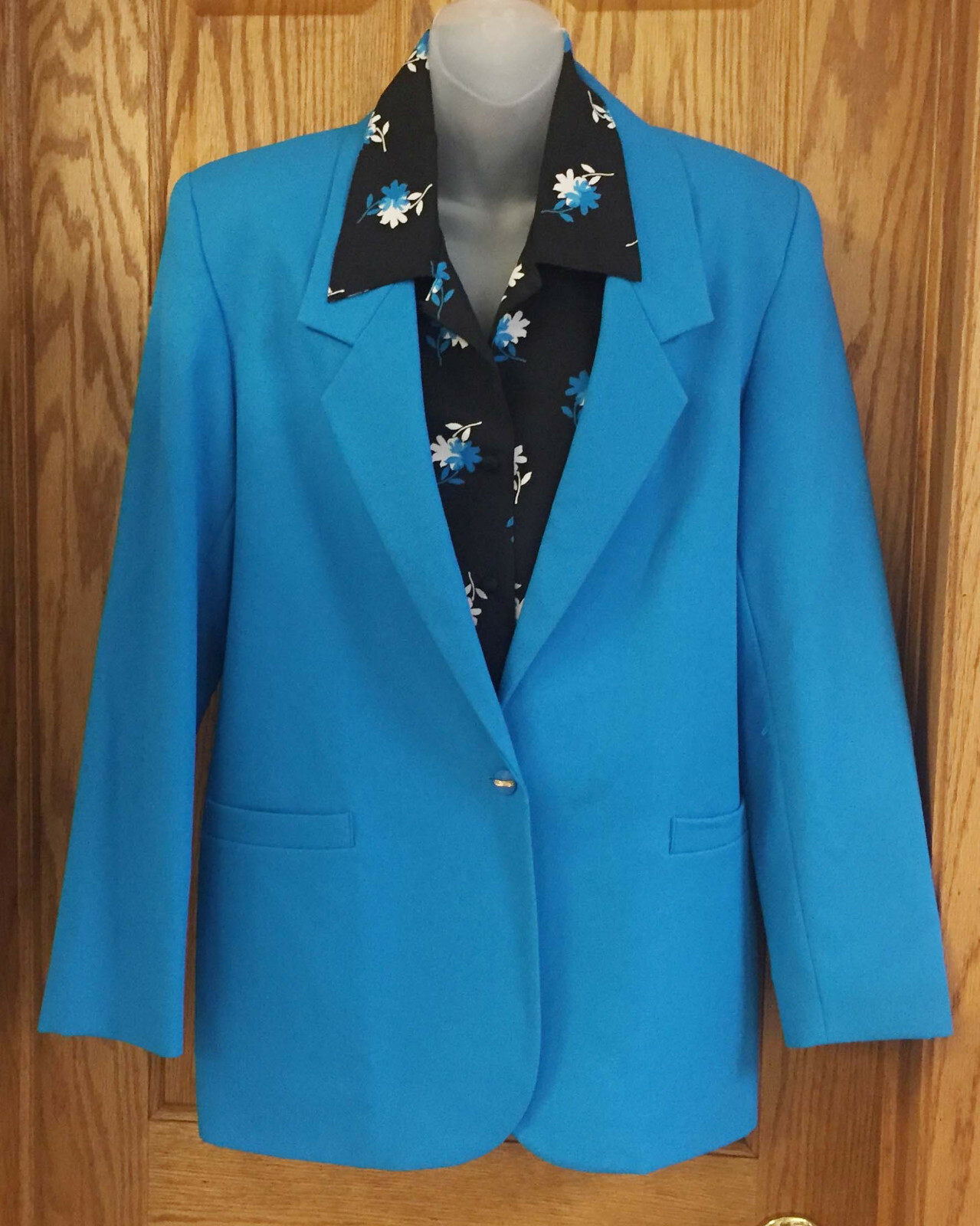 Suit Blazer Jacket Turquoise Blue & Black Blouse Shirt Set 2 Vintage Size 8