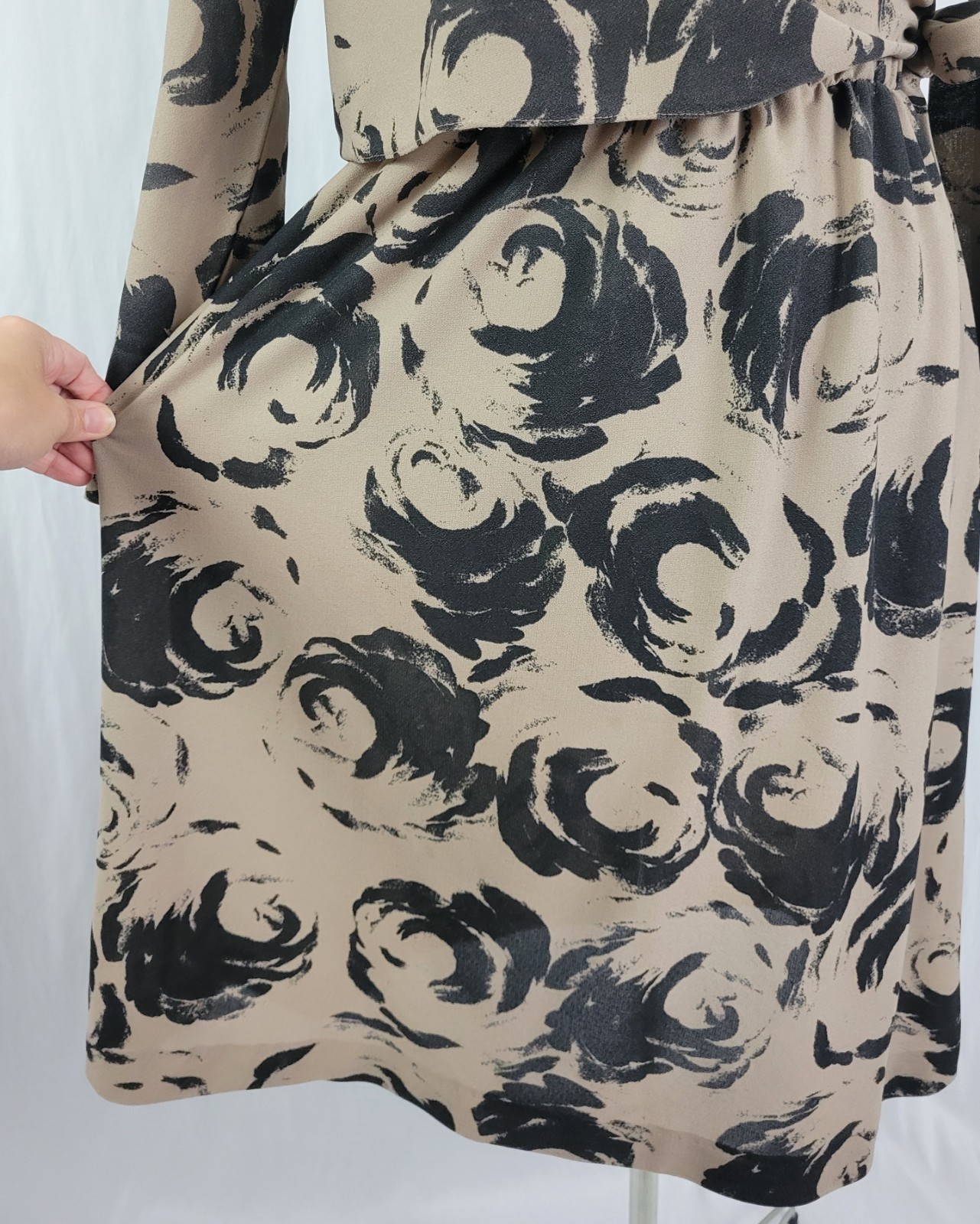 Vintage Marti Petite Brown & Black Blouson Dress w Overlay Wrap Size 16