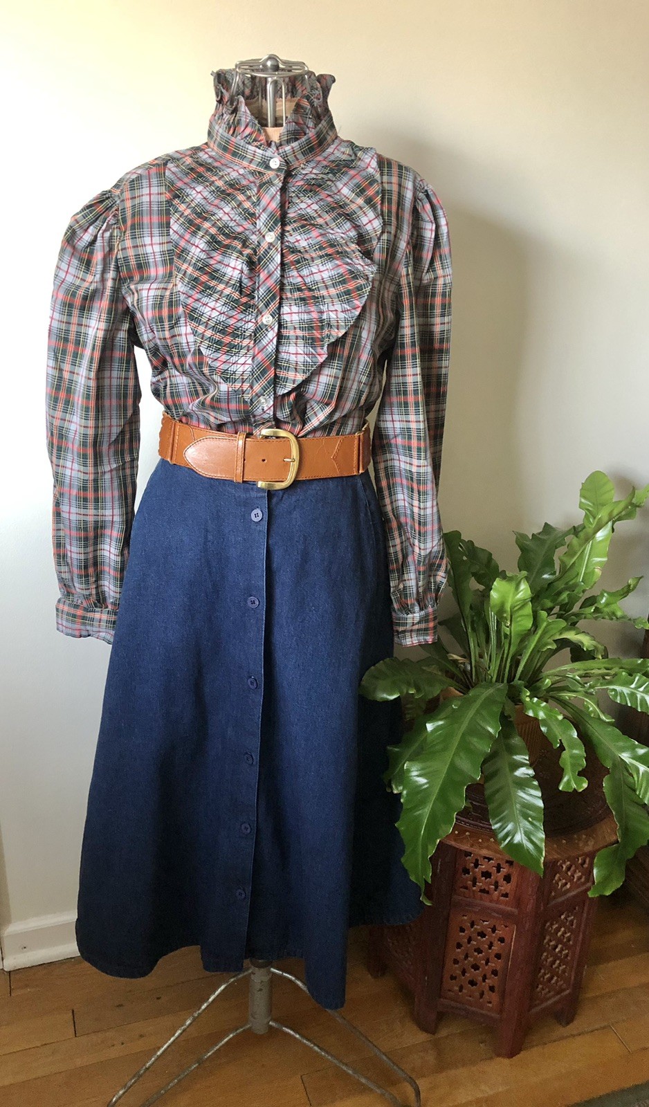 Vintage 80’s Try 1 Plaid Shirt With Pleated Ruffle Yoke & Collar