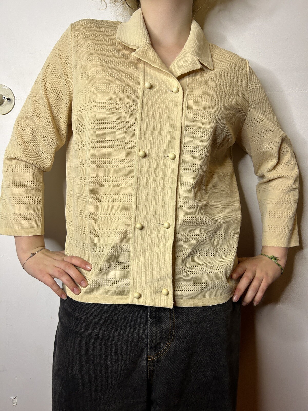Vintage 1980s Knit Polyester Collared Blouse Cream White Double Breasted AU 14
