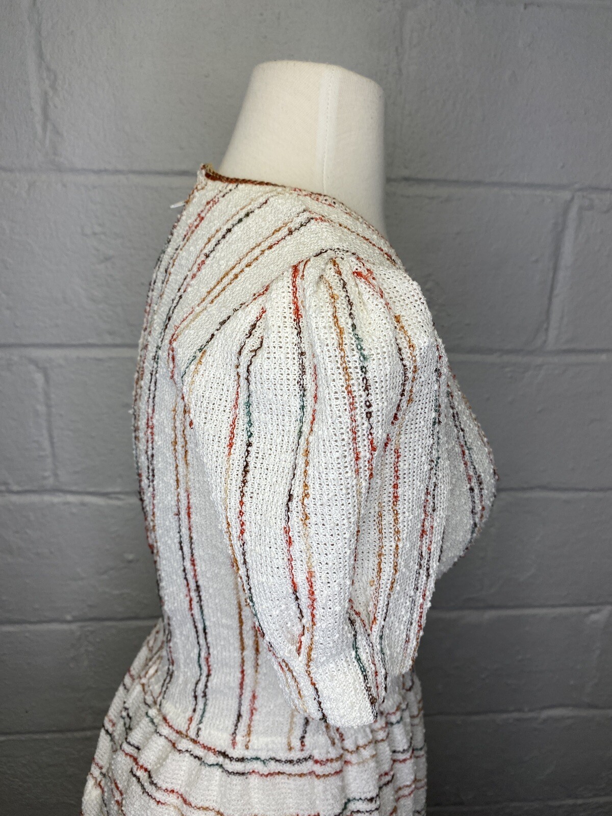Vtg 70s 80s Day Dress Rainbow Sz 6 Small Nubby Fabric Stripe Resort Cream Woven