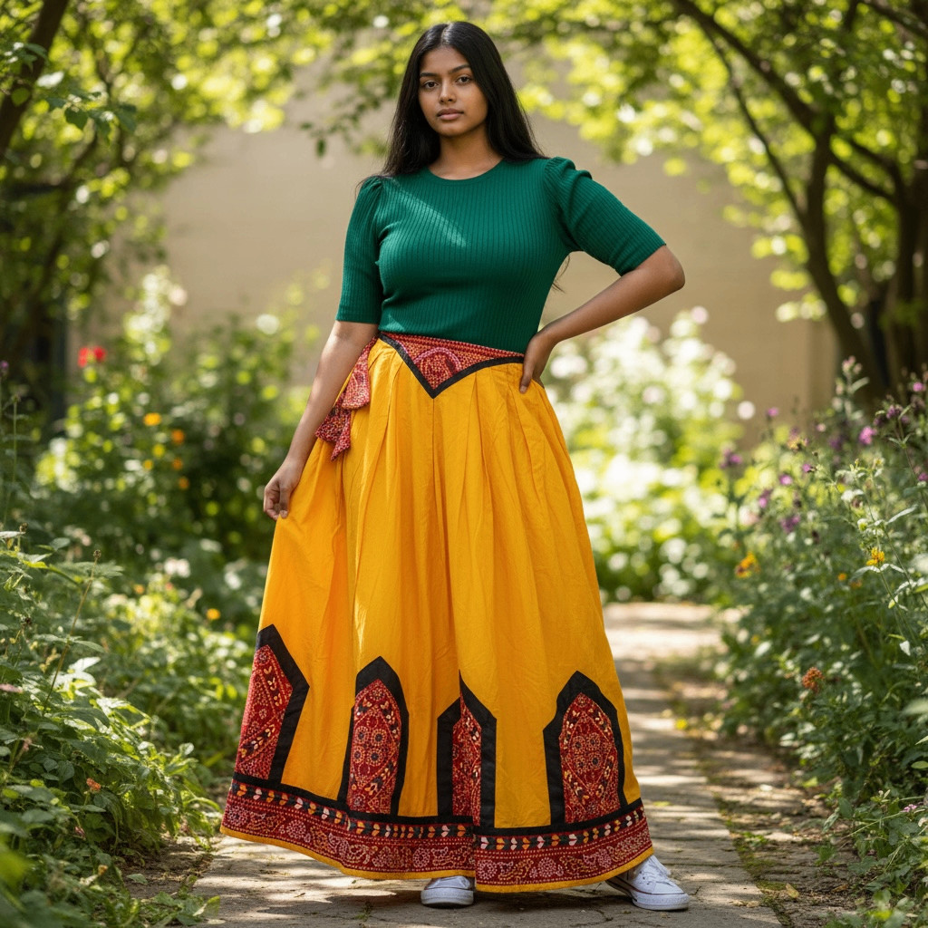 Vintage Ethnic Maxi Skirt Yellow Red Bandhani Style Folk Boho Adjustable Waist
