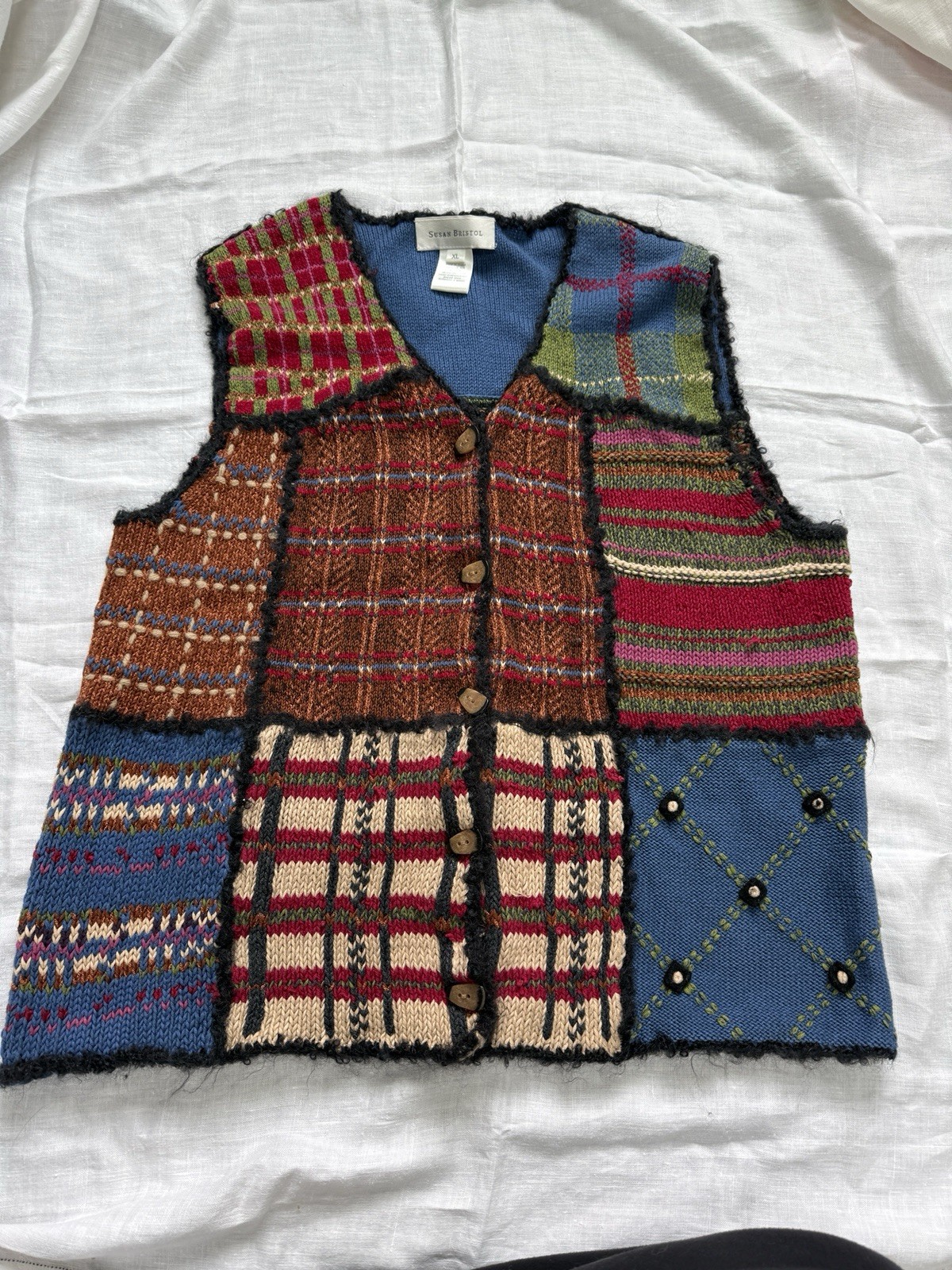 Susan Bristol Vintage 90s Y2K Patchwork Knit Vest Tank Size XL Cottage Core EUC