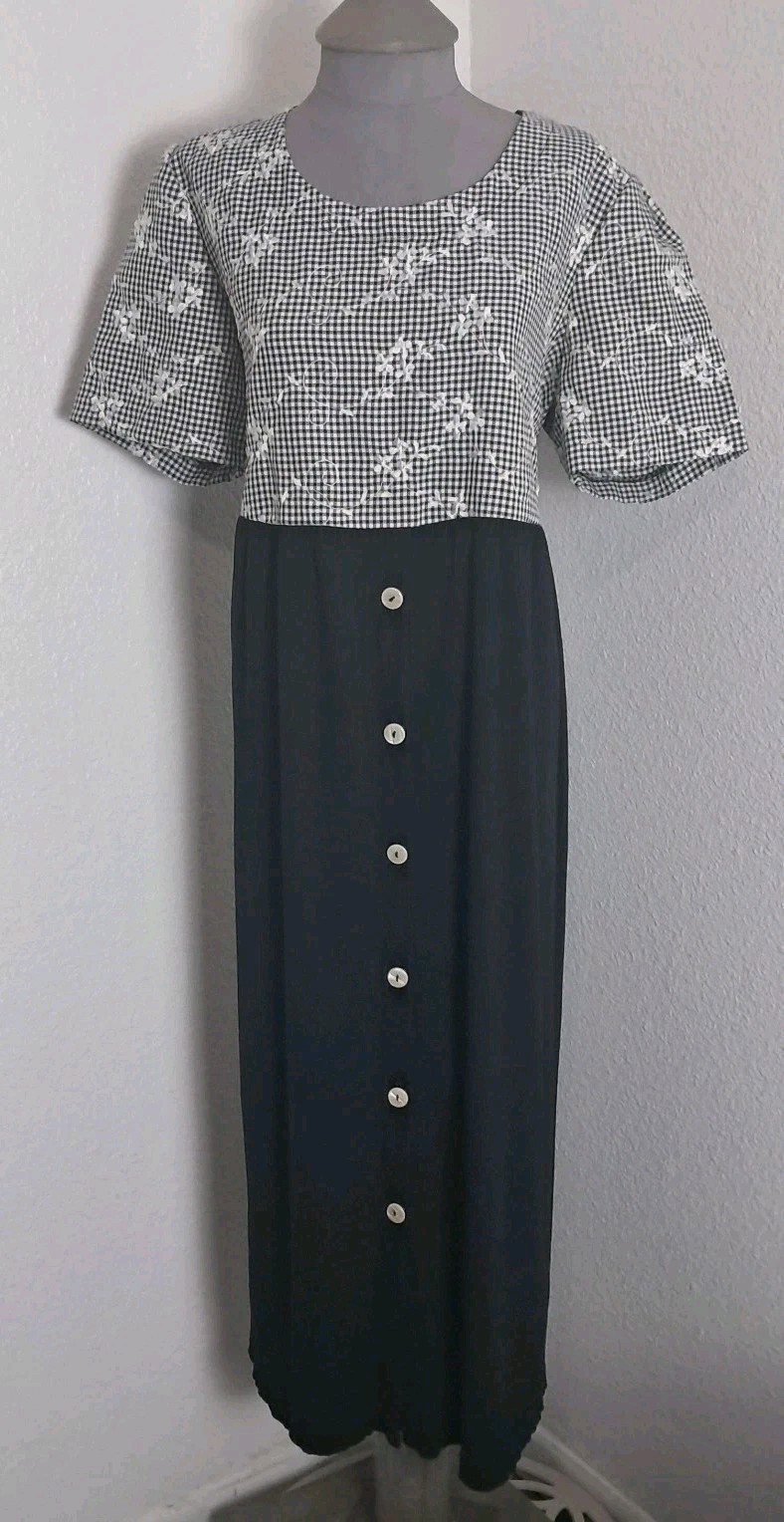 Vtg More Promises Dress 16W Boho Cottagecore Grunge Black Gingham Embroidered