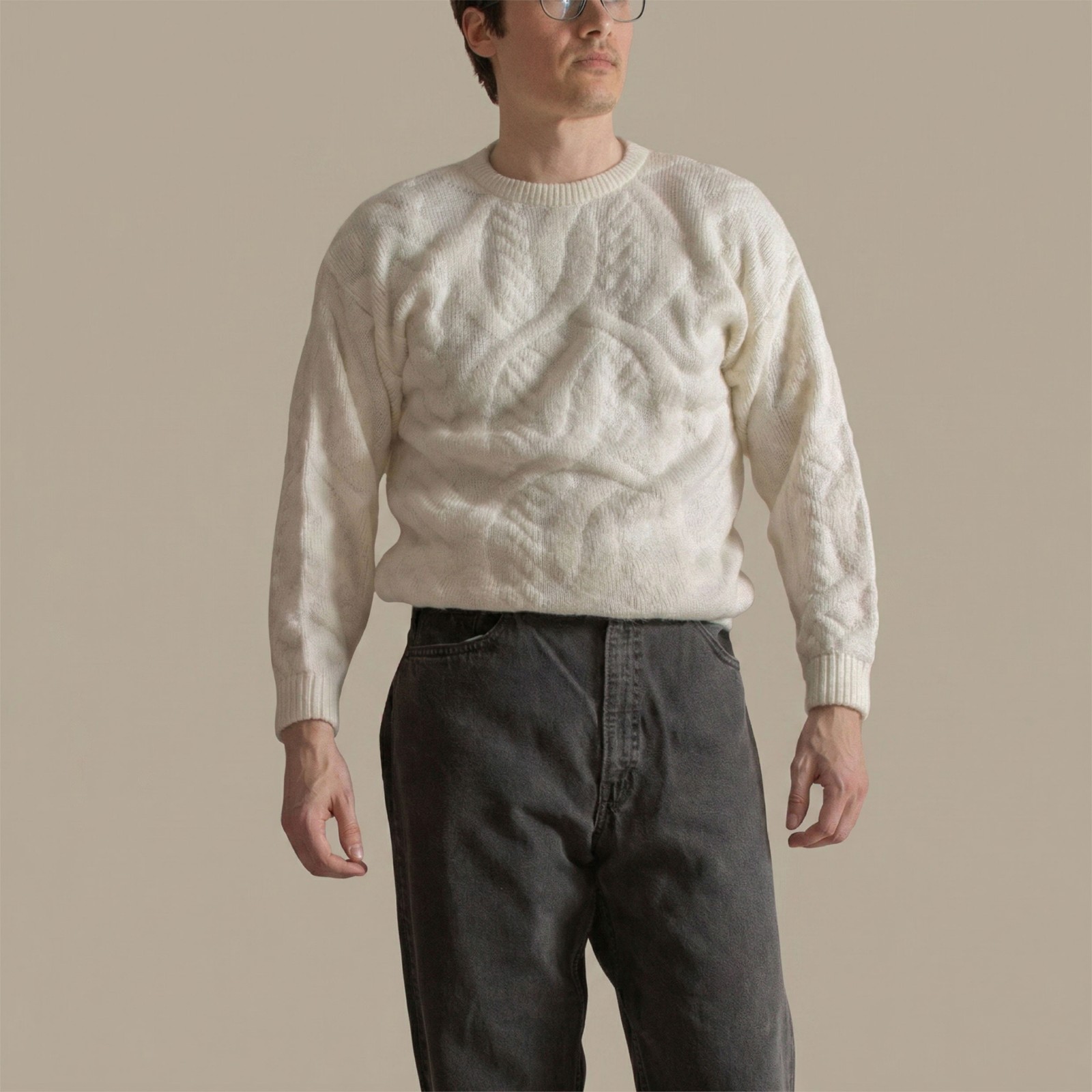Vintage 80s 90s Tarazzia Internationale Off White Diamond Cable knit Small