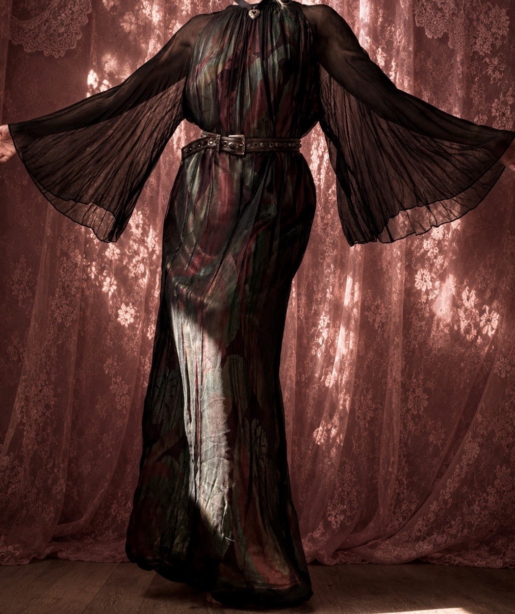 1960s ILGWU black silk bell sleeve volcano gown