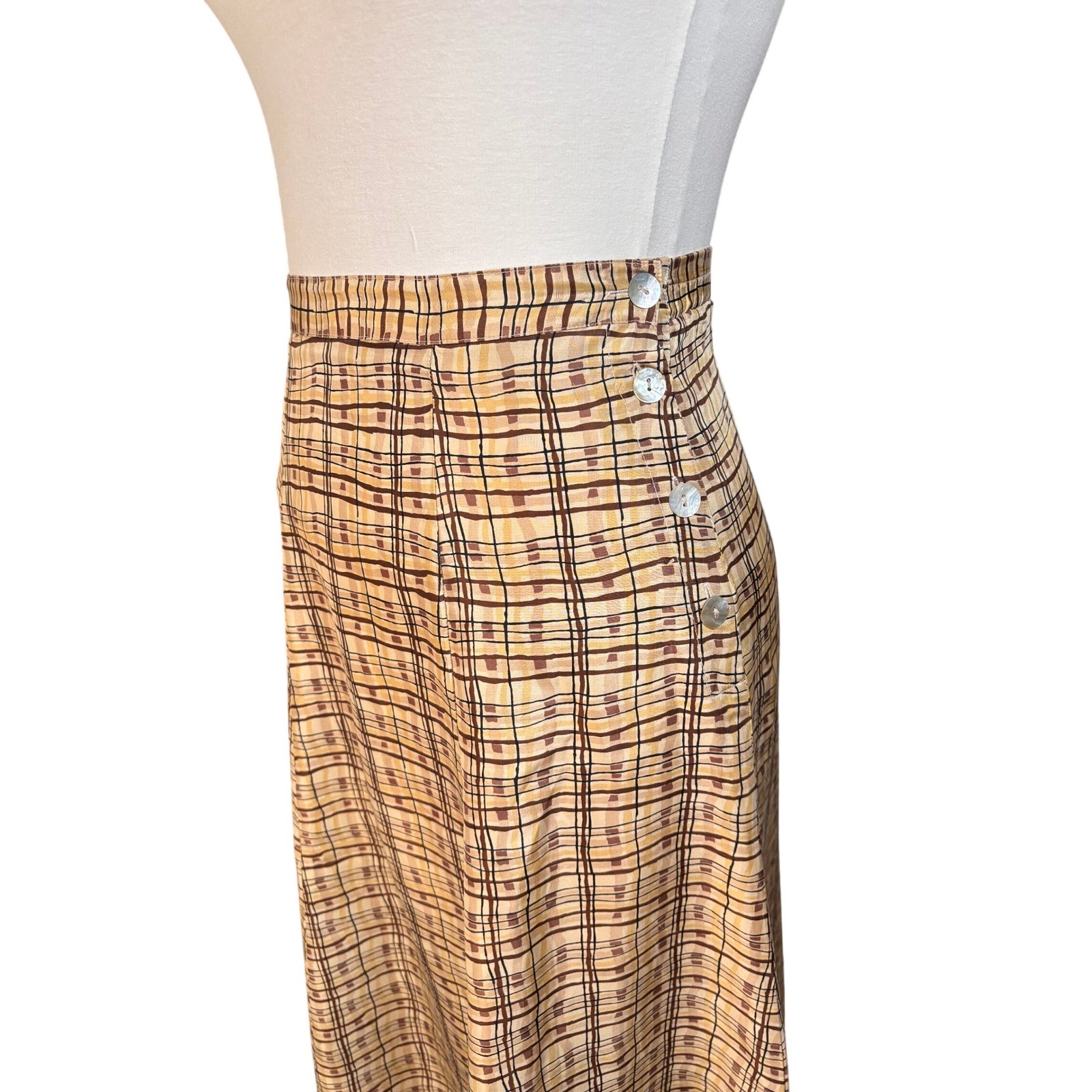 Plaid A-Line Melrose Studio Petites Button Side Tan Brown Midi Skirt Vintage