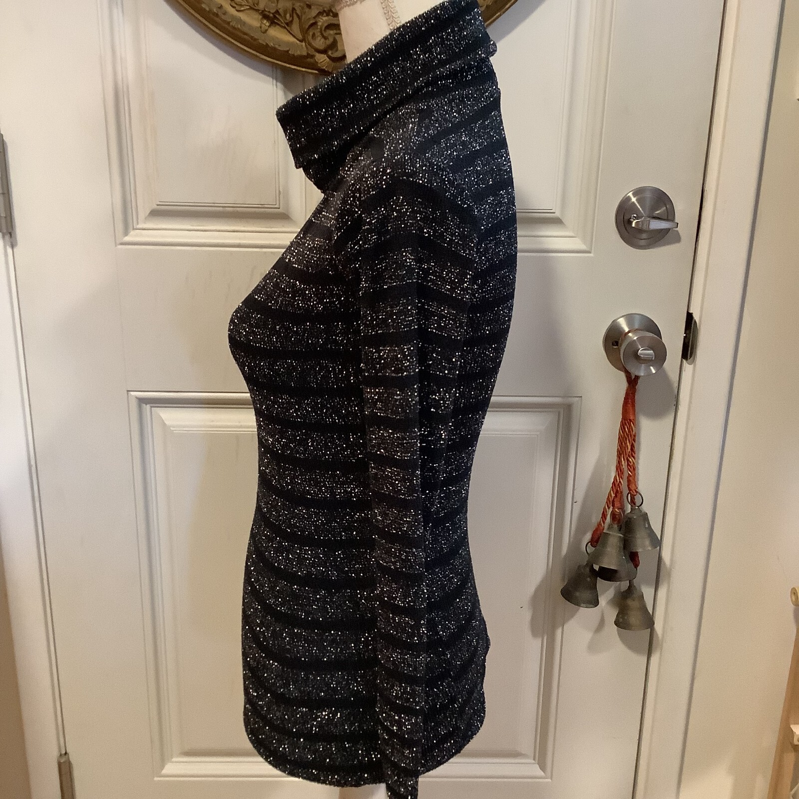 Kenneth Knits thin metallic sliver black turtleneck women’s sweater size S/M