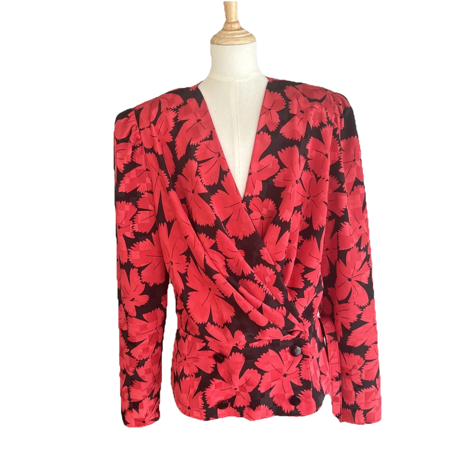Vintage Nu Mode M Blouse Red Abstract Floral Ruched Fitted Career Elegant Blouse