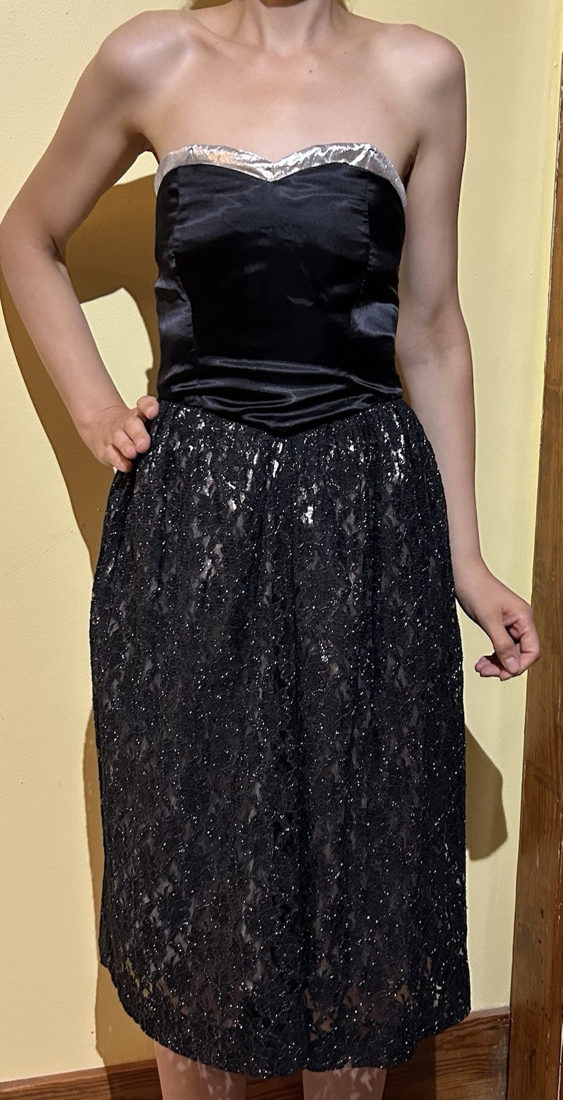 Vintage Handmade Black Cocktail Dress Small Metallic Silver Lace 80s Party