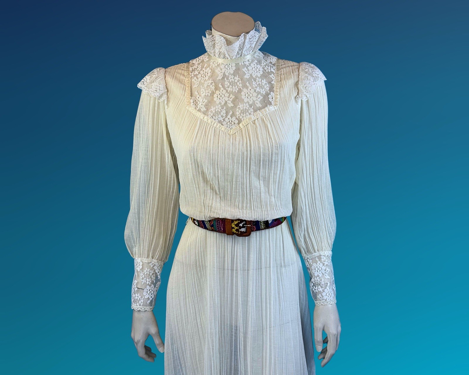 Vintage Romantic Victorian Revival Prairie Lace Crinkle Cotton Dress | S