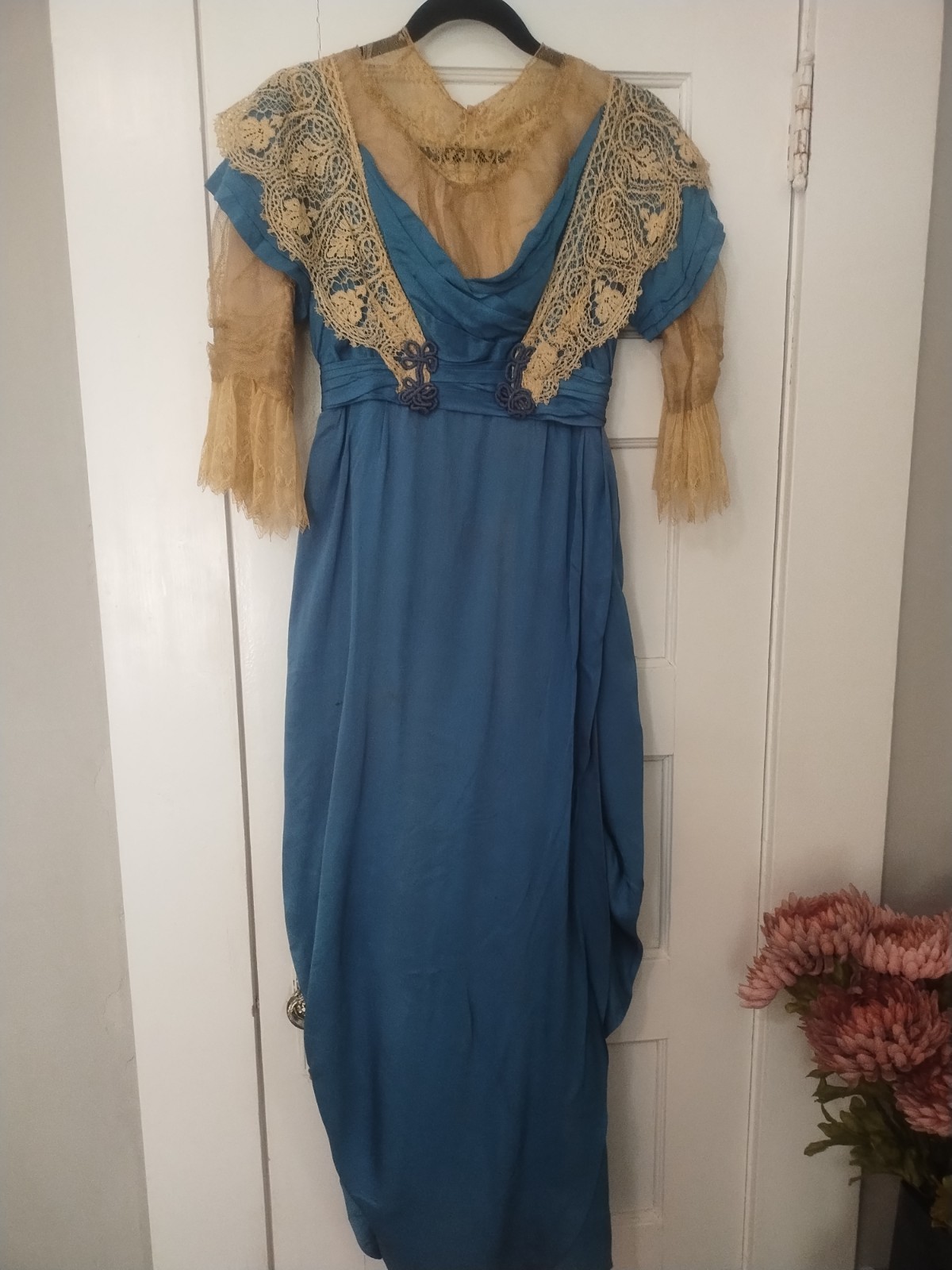 Antique Edwardian Titanic Era Blue Silk, Hand Lace Dress X Small