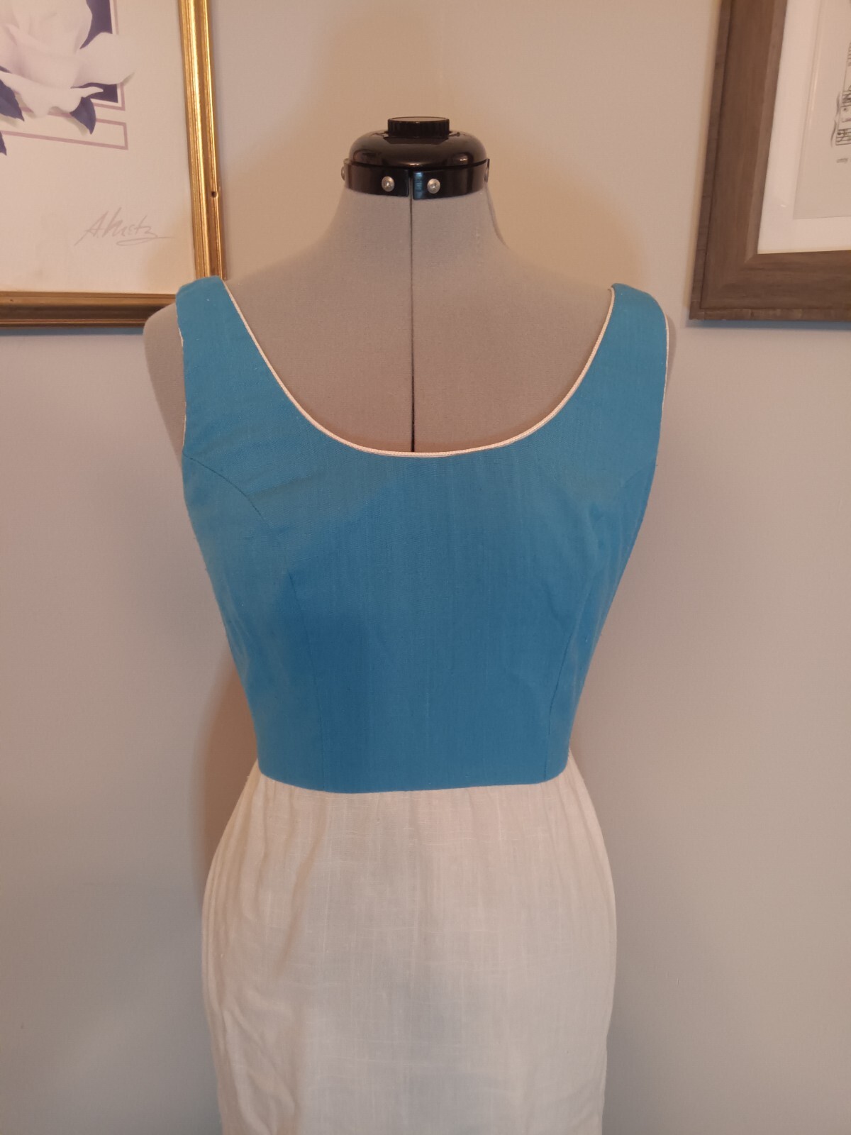 Vtg 60s Sheath Dress, Blue And White Handmade Dress Size Small Great Condition