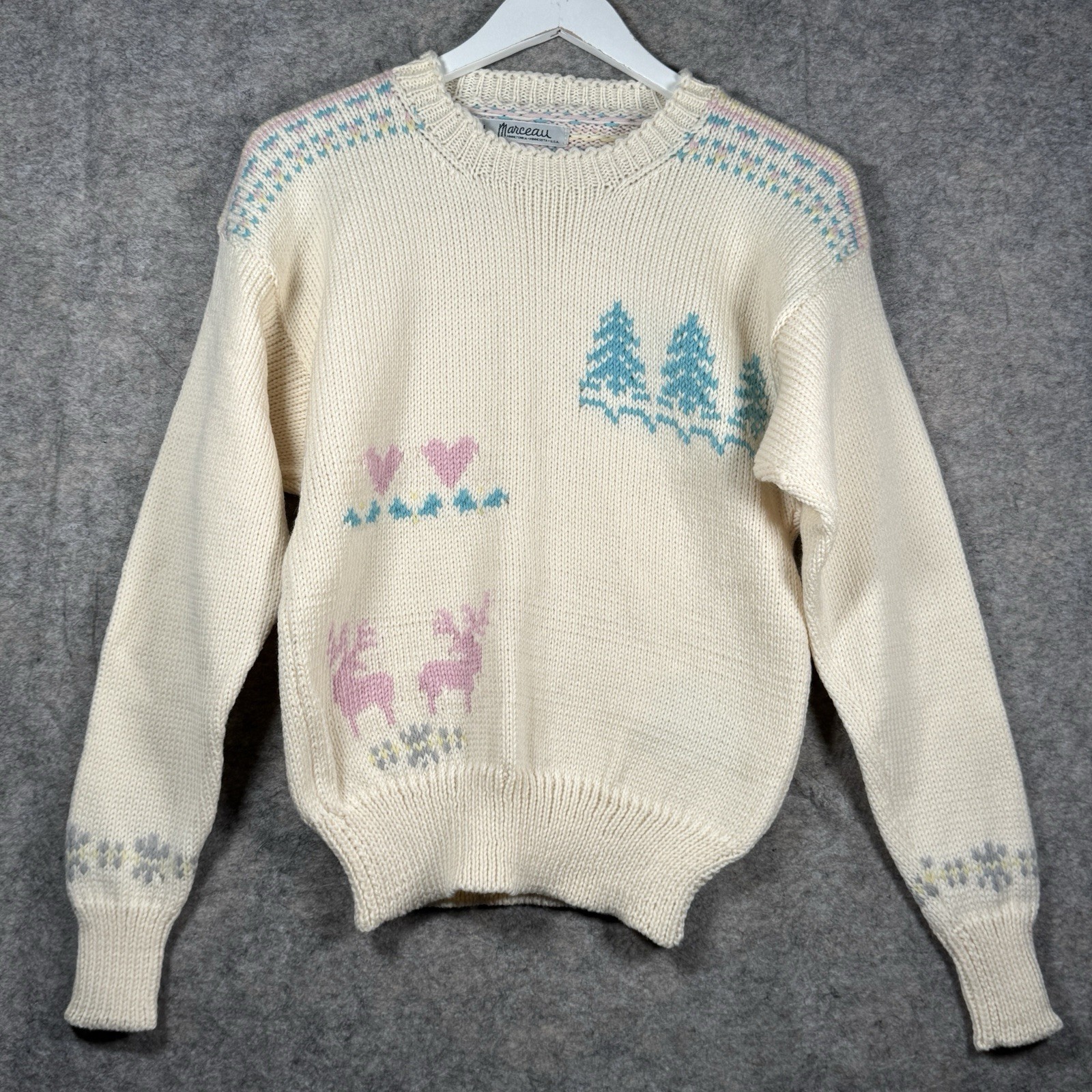 Womens Marceau White Blue Pink Holiday Theme Hand Knit Wool Sweater Size L 17×24