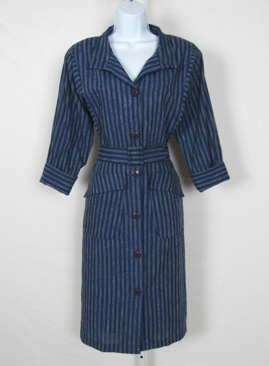 VTG 1970s 80s ALEXIS FASHIONS INC. DRESS SIZE 8 BLUE GRAY COTTON BLEND? BELT