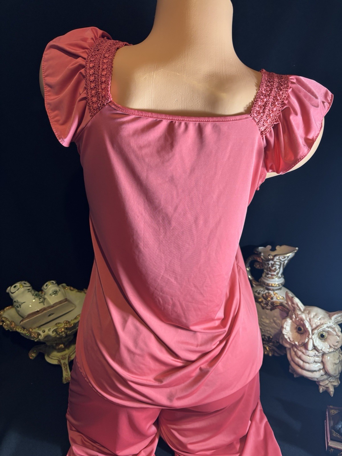 Vtg Satin Chantilly Lace Nightie Lounge Capri Pants Top Blouse Dress Frilly Set