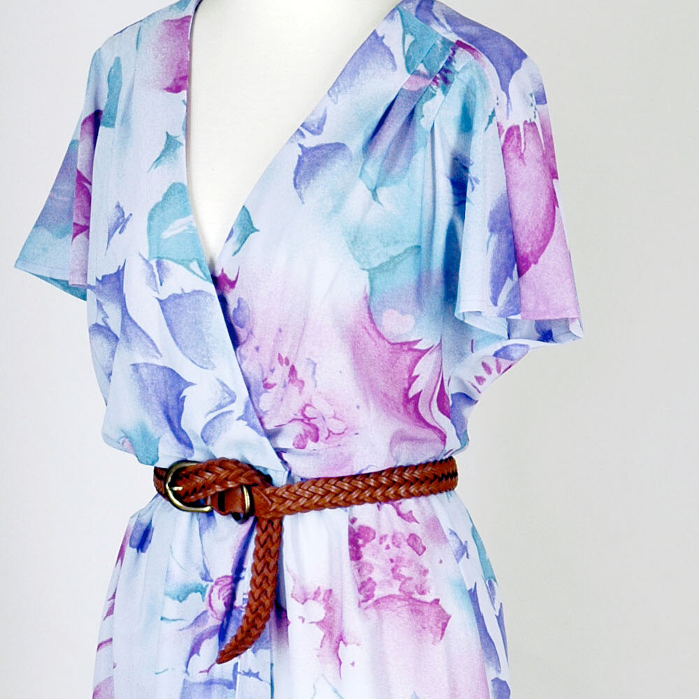 Vintage 1970s Dress Pink & Aqua Blue Spring Floral Print Midi Wrap Sundress