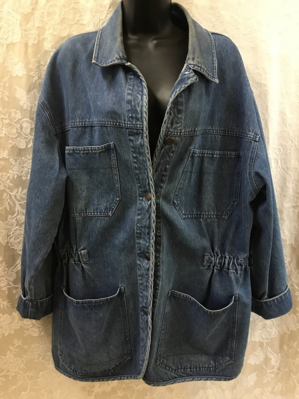 Vintage Boundary Waters Denim Barn Chore Coat Large jean jacket cinched waist