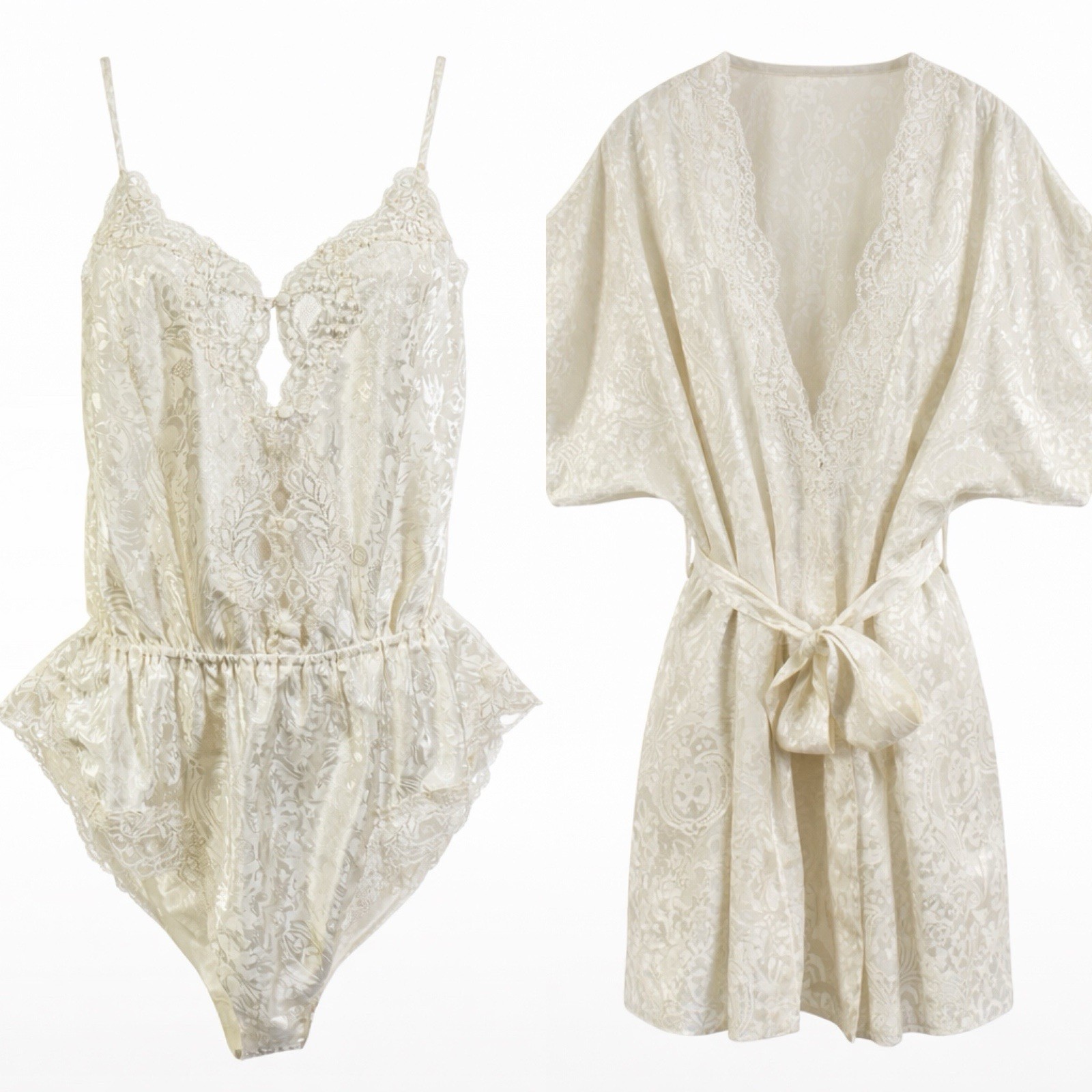 Vtg Ivory Hi-Cut Romper & Robe Lace Sequins Satin Cinched Waist Teddie Boudoir M