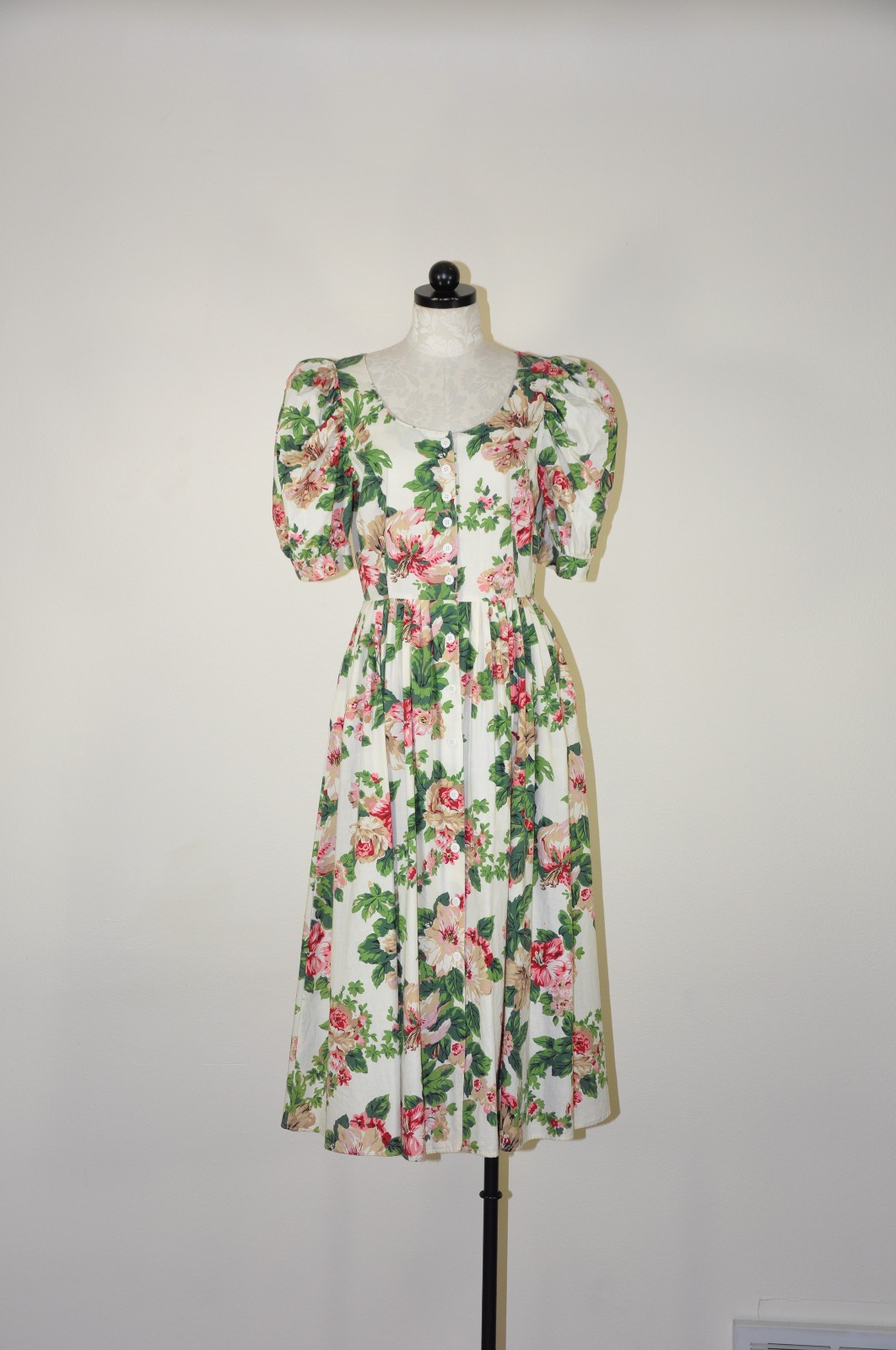 80s Vintage Pink Green Hibiscus Floral Puff Sleeve Romantic Midi Dress Women M L