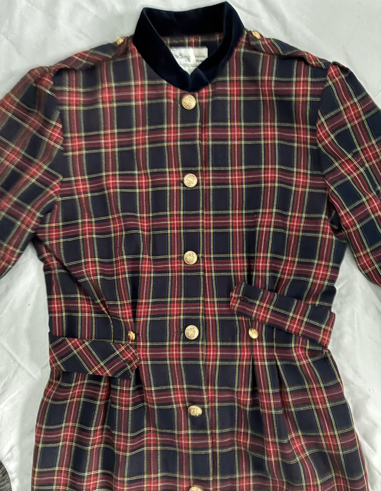 Vintage Laura Plaid 100% Cotton Dress Velvet Collar Gold Buttons USA 80s Sz 14