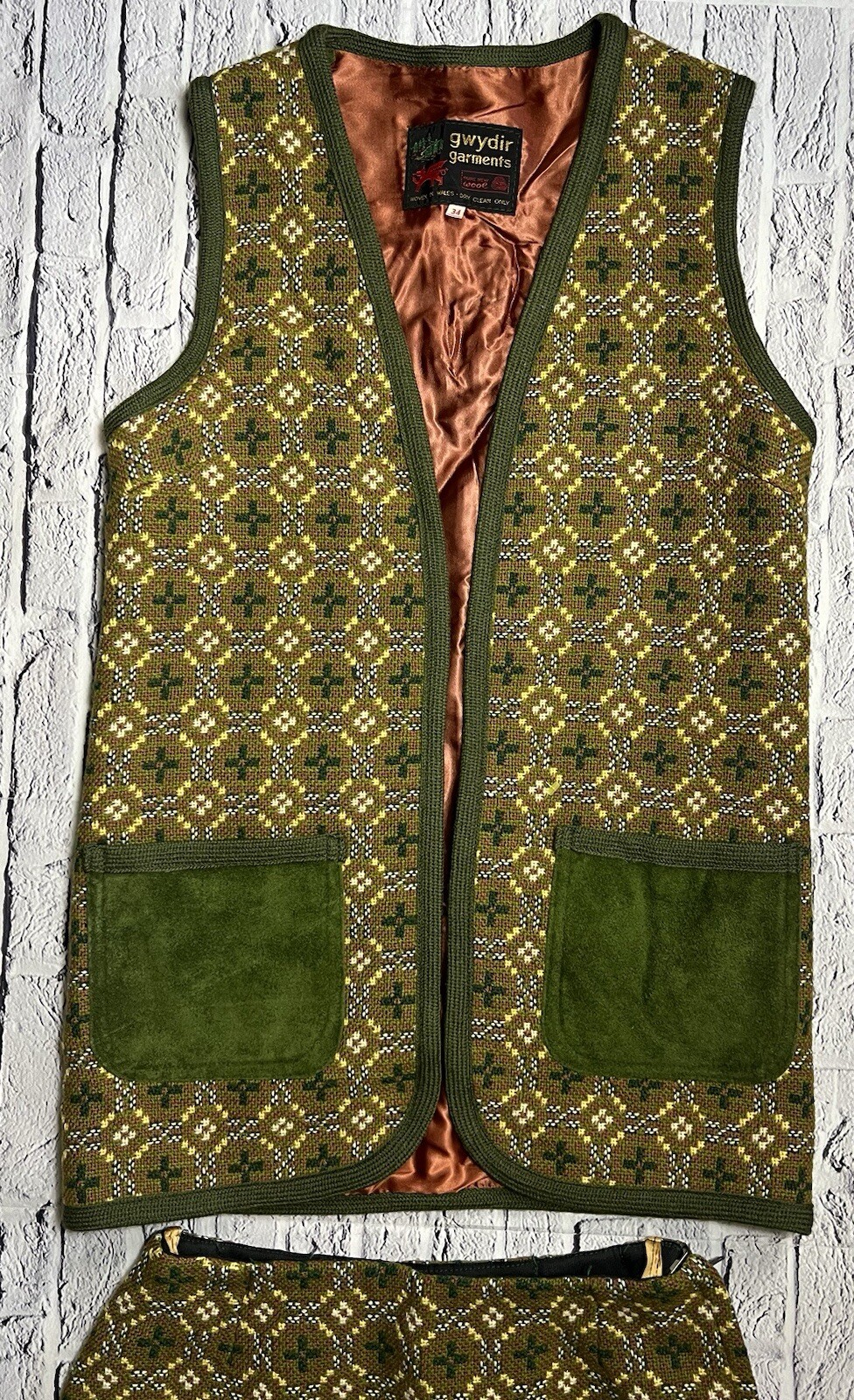 Vintage Welsh Gwydir Garments Pure New Wool/Suede 2pc Skirt Vest Top 34 Small