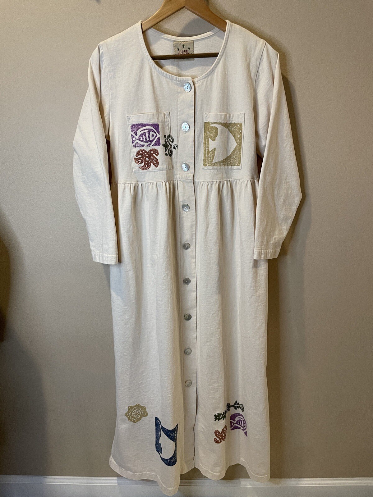 Vintage Blue Cactus Full Length Button Tunic Dress 100% Cotton Earthy Boho Sz M
