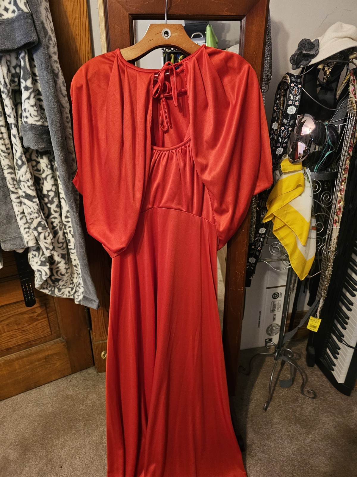 True Vintage Unbranded 1970s Caolet Dress Long Red Disco Evening Caplet Size…