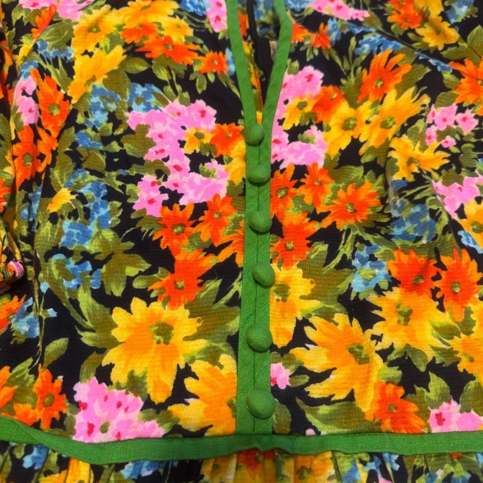 Vintage Tori Richard Honolulu Floral Barkcloth Maxi Dress Green Orange 70s Boho
