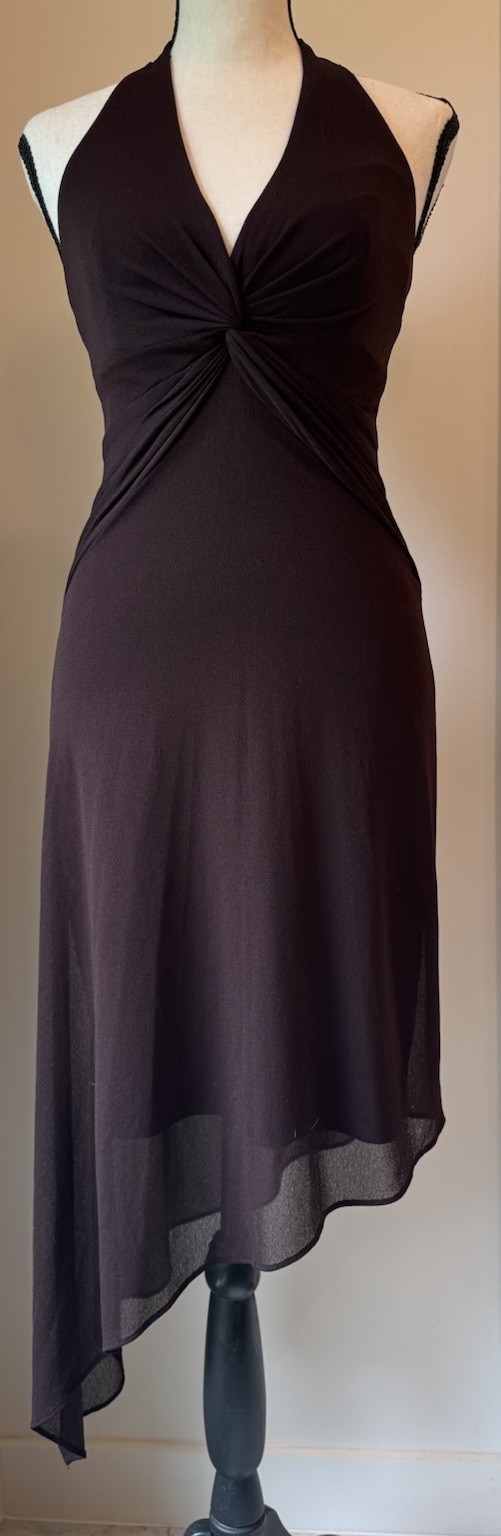 Cache Brown Halter Twist Front Handkerchief Hem Cocktail Dress Sz 2 Y2K USA