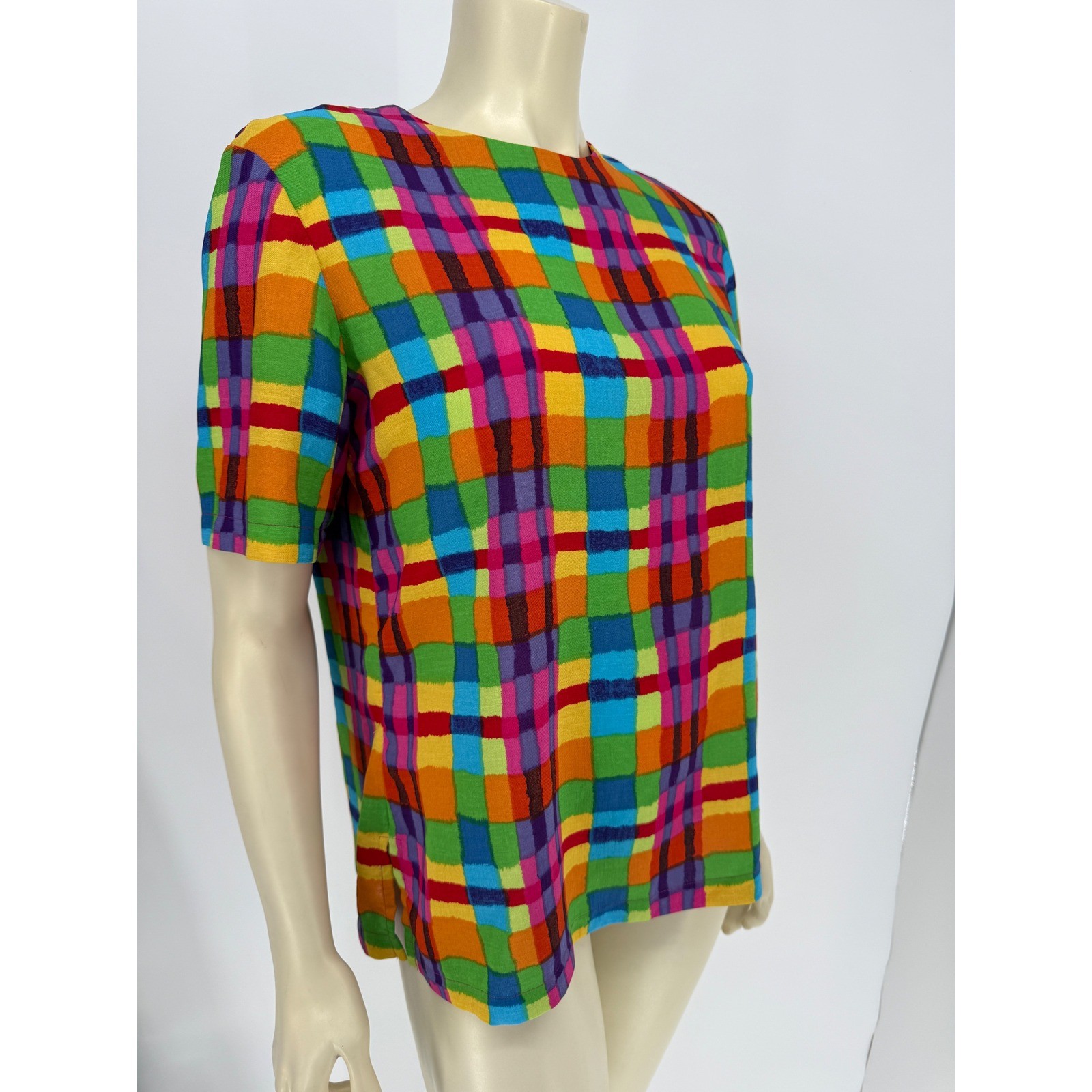 Vintage Patchington Rainbow Plaid Short Sleeve Blouse Womens Multicolor Top