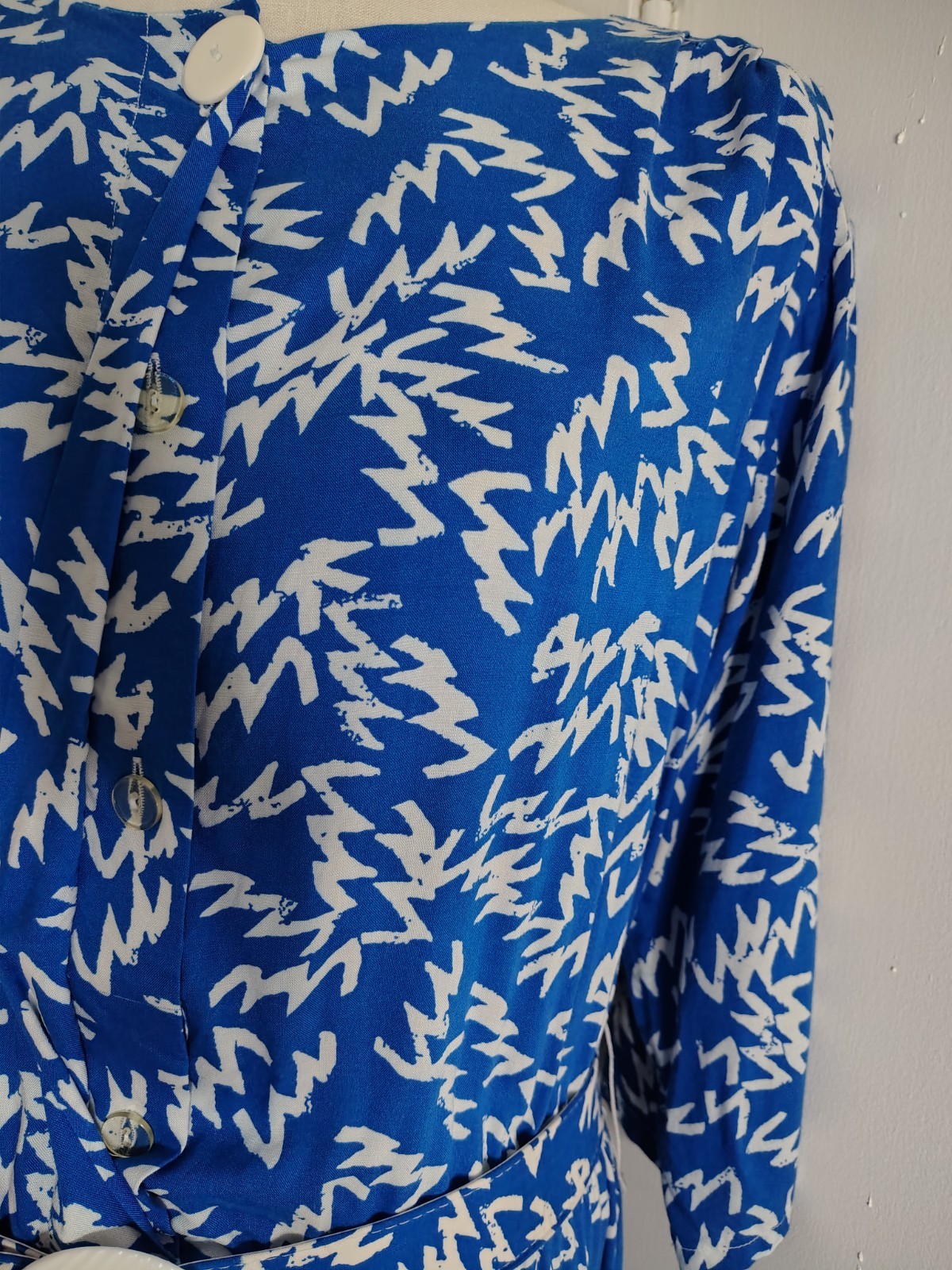 Vintage 1980s Zalerno Belted Blue White Zig Zag 3Q Sleeve T-Shirt Dress Womens L
