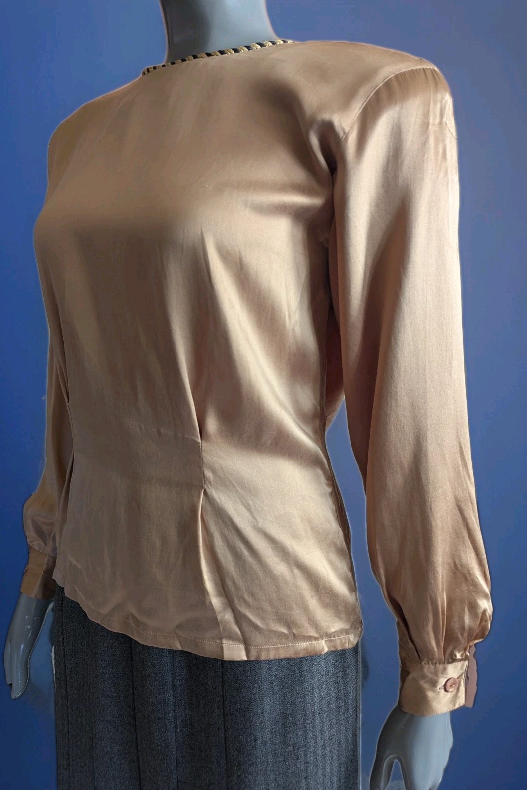 Vintage 1980s Casual Corner 100% Silk Satin-Finish Bronze Blouse Rope Trim 4
