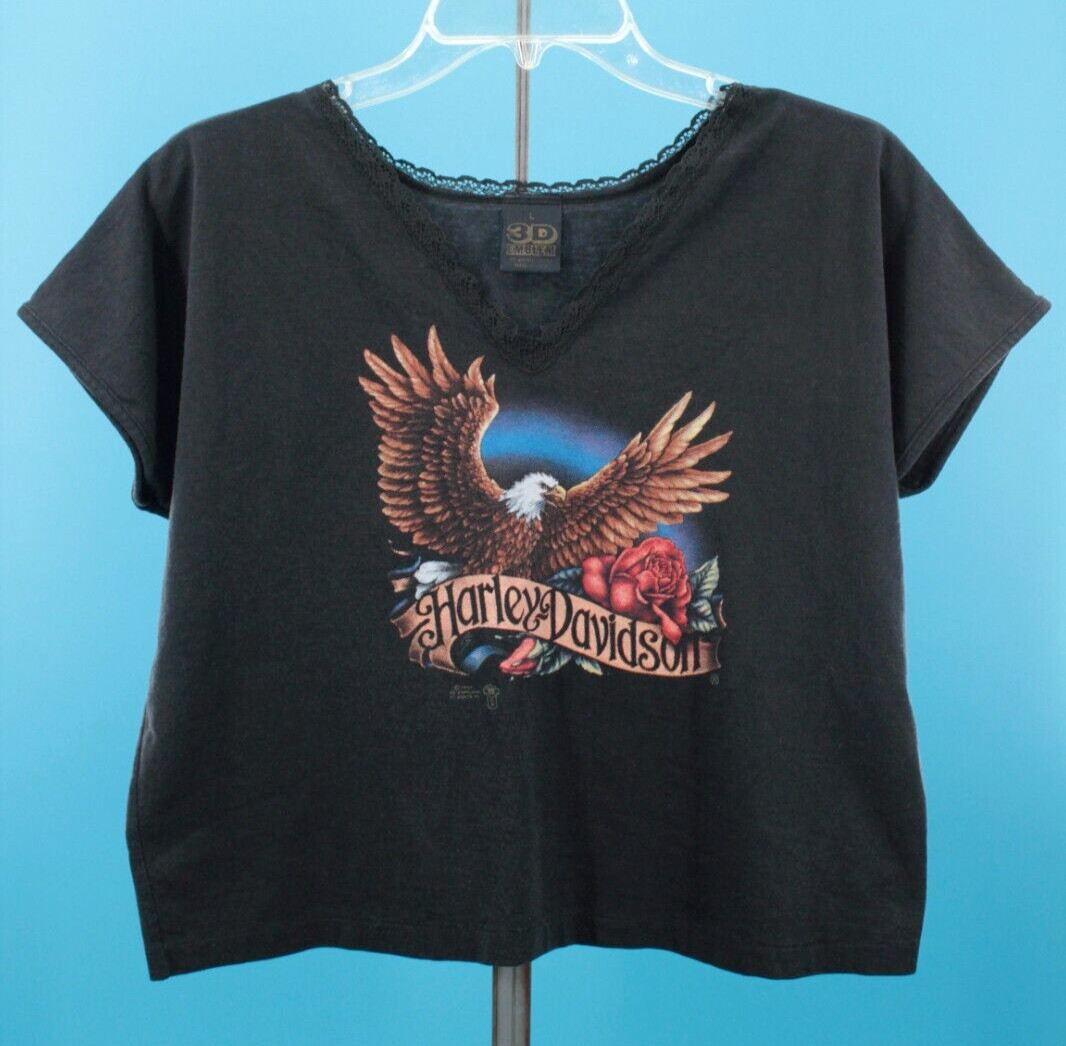 VTG Women’s 80s Black 3D Emblem Harley Davidson Cropped TShirt M/L 1980s