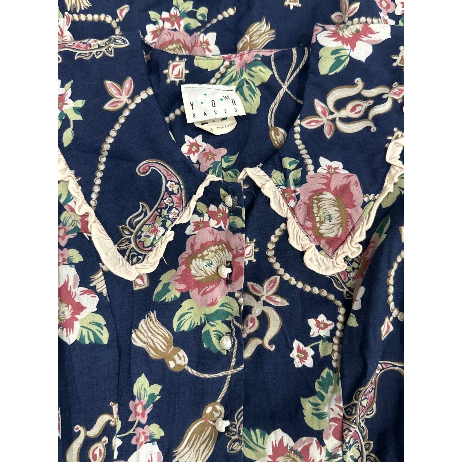 Vintage Floral Midi Dress Women Size 5 Navy Blue Lace Collar Shoulder Pads 80s