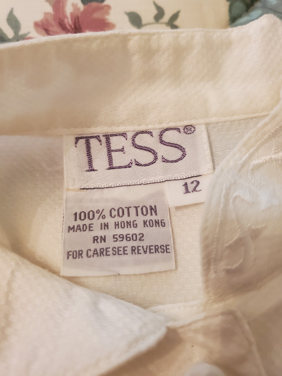 Vintage Tess White Cotton Blouse Top, Embroidered with Covered Buttons, Size 12