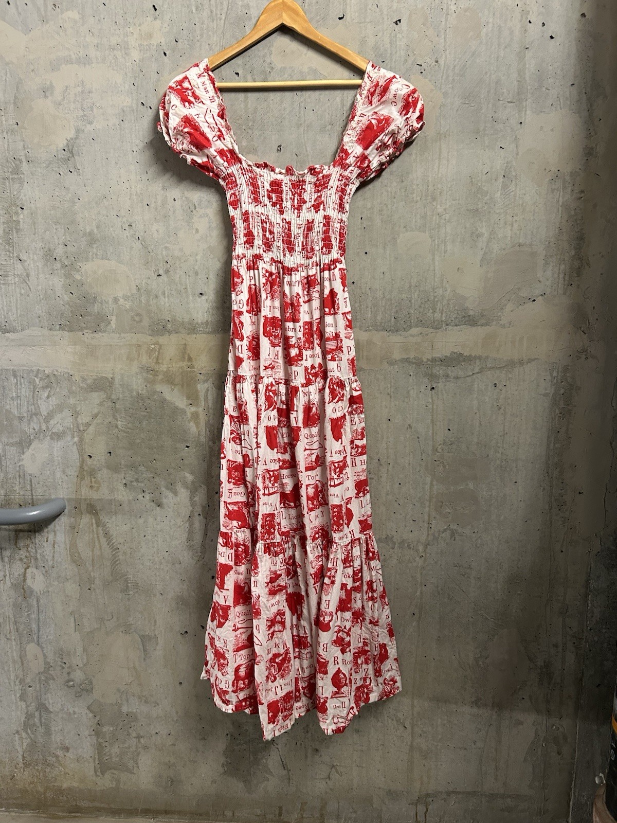 Vintage 1970’s Dress Women’s Red Novelty Animal Print Maxi Rouched Farm Prarie