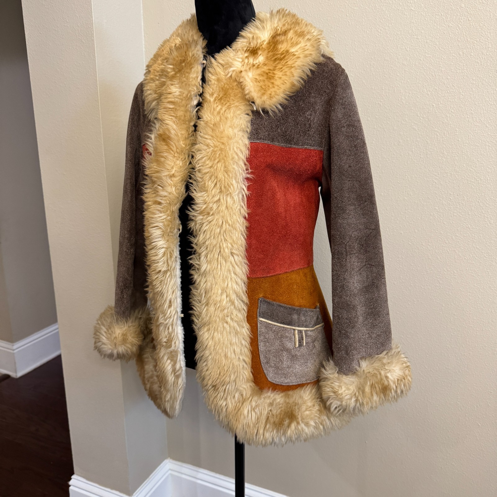 Vintage 60s/70s Penny Lane Patchwork Suede Fur Coat Boho Hippie Festival Sz 6