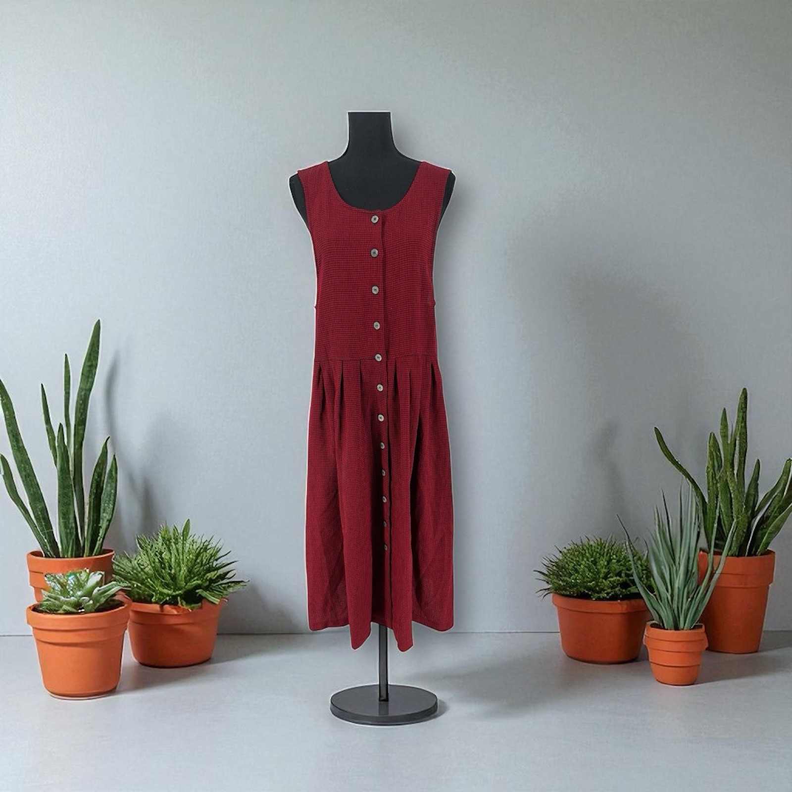 Vtg 90s FADS Red Black Gingham Grunge Dress M Button Front Cottagecore Teacher