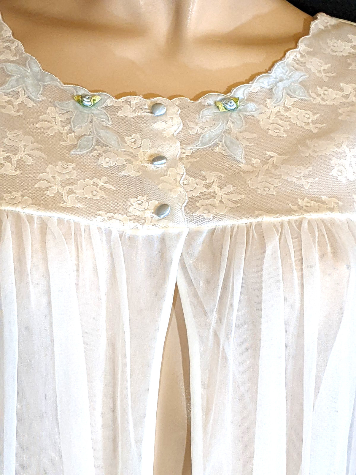 VTG SEARS Chiffon Floral Lace Peignoir Dressing Gown Robe Satin Babydoll Style L