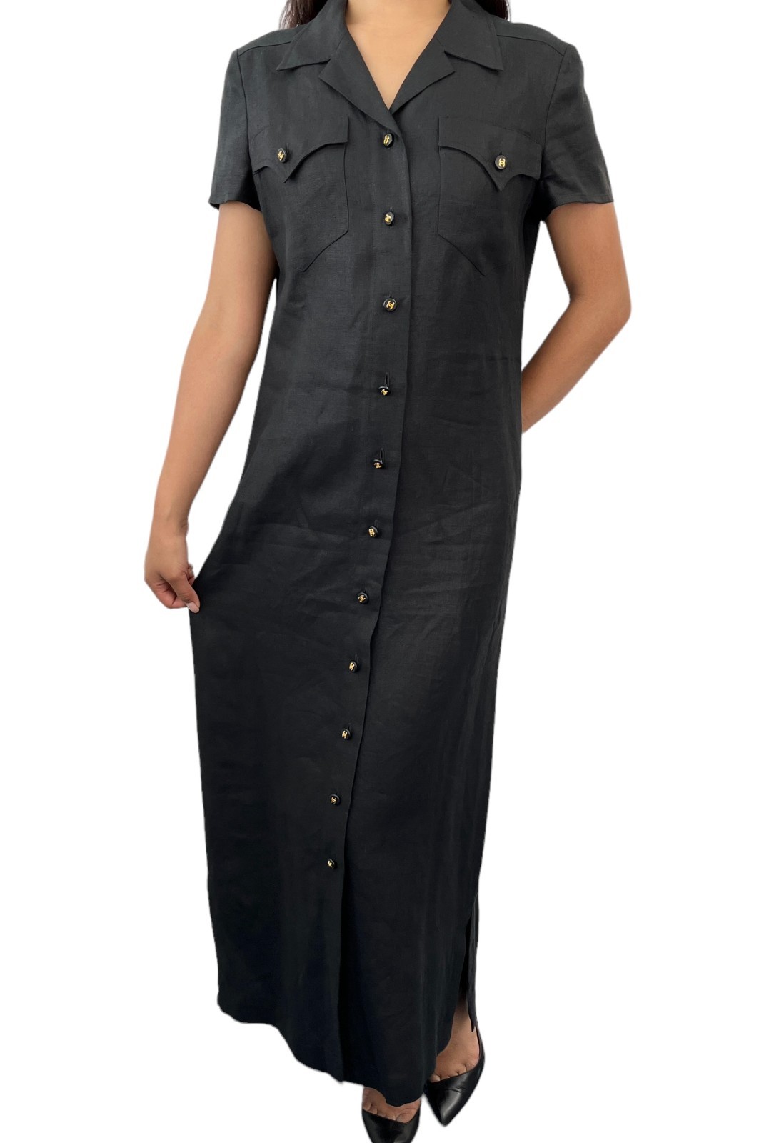 CHANEL Vintage 97P CC Logo Button Linen Shirt Dress One-piece #36 Black 902560