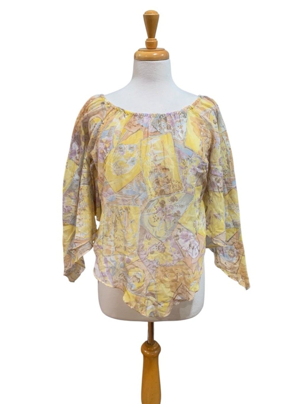Vntg 70’s sheer Monet print Yellow Purple Blouse M w/ Angel wing sleeves